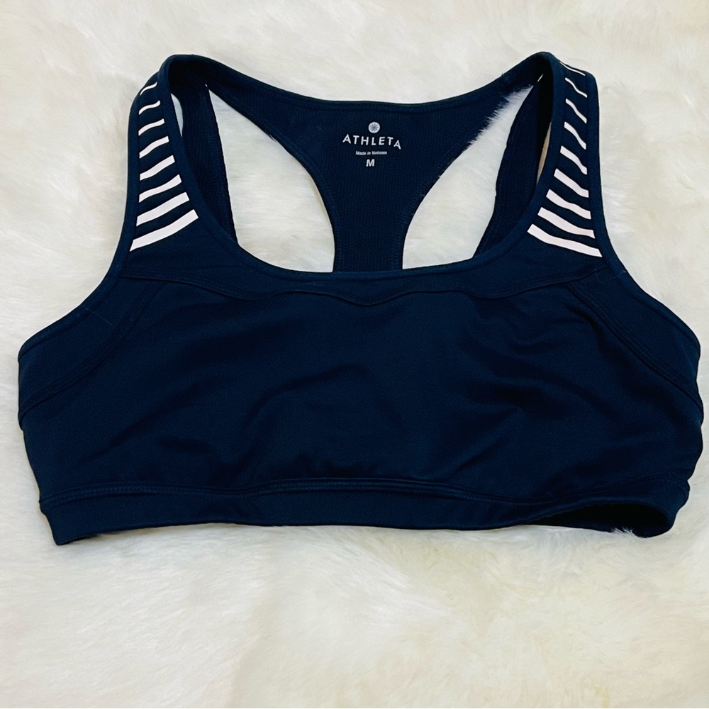 Athleta Dark Blue Sports Bra with White Accents